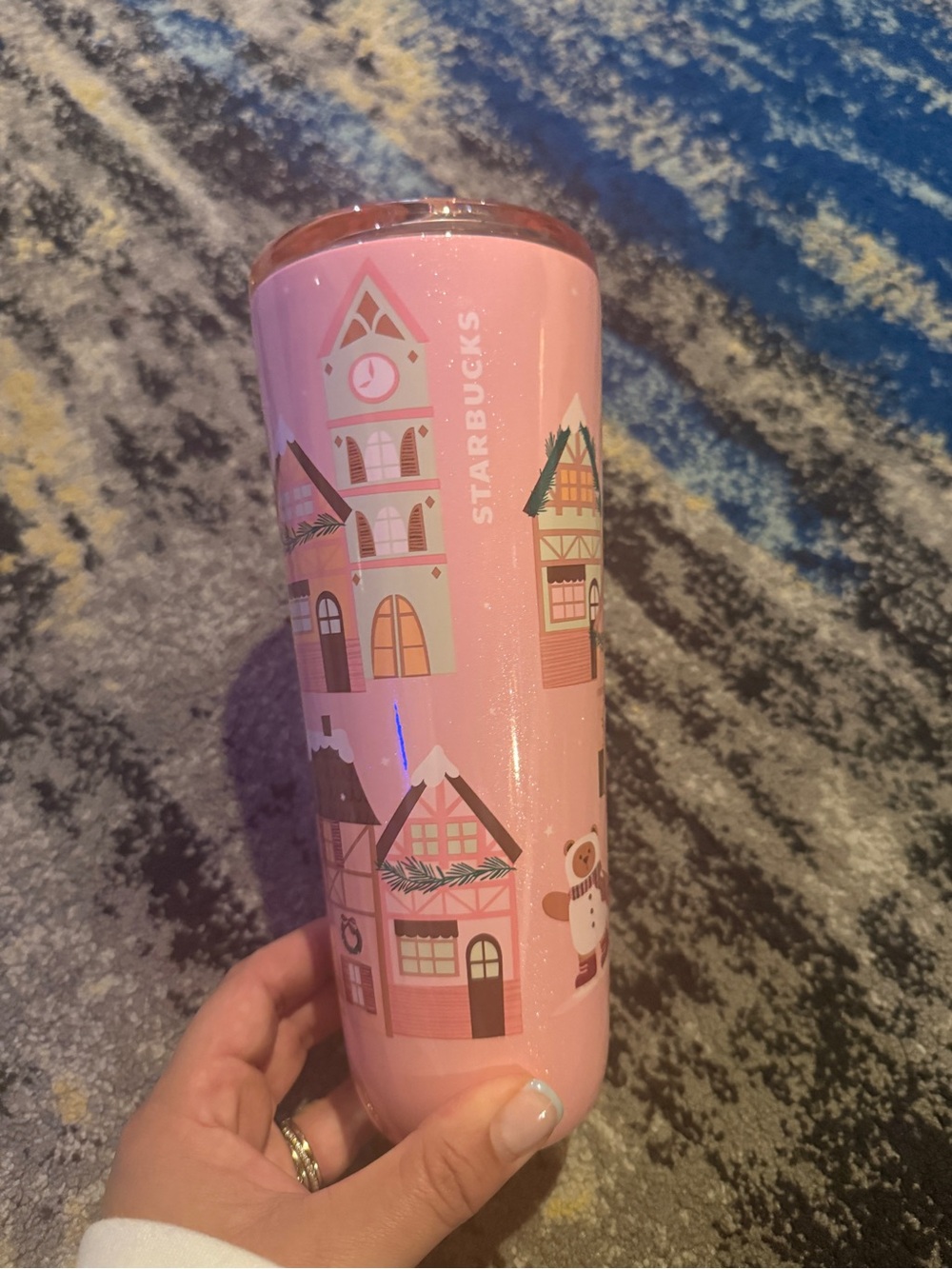 Starbucks Pink Holiday Village Tumbler with Festive House Motif